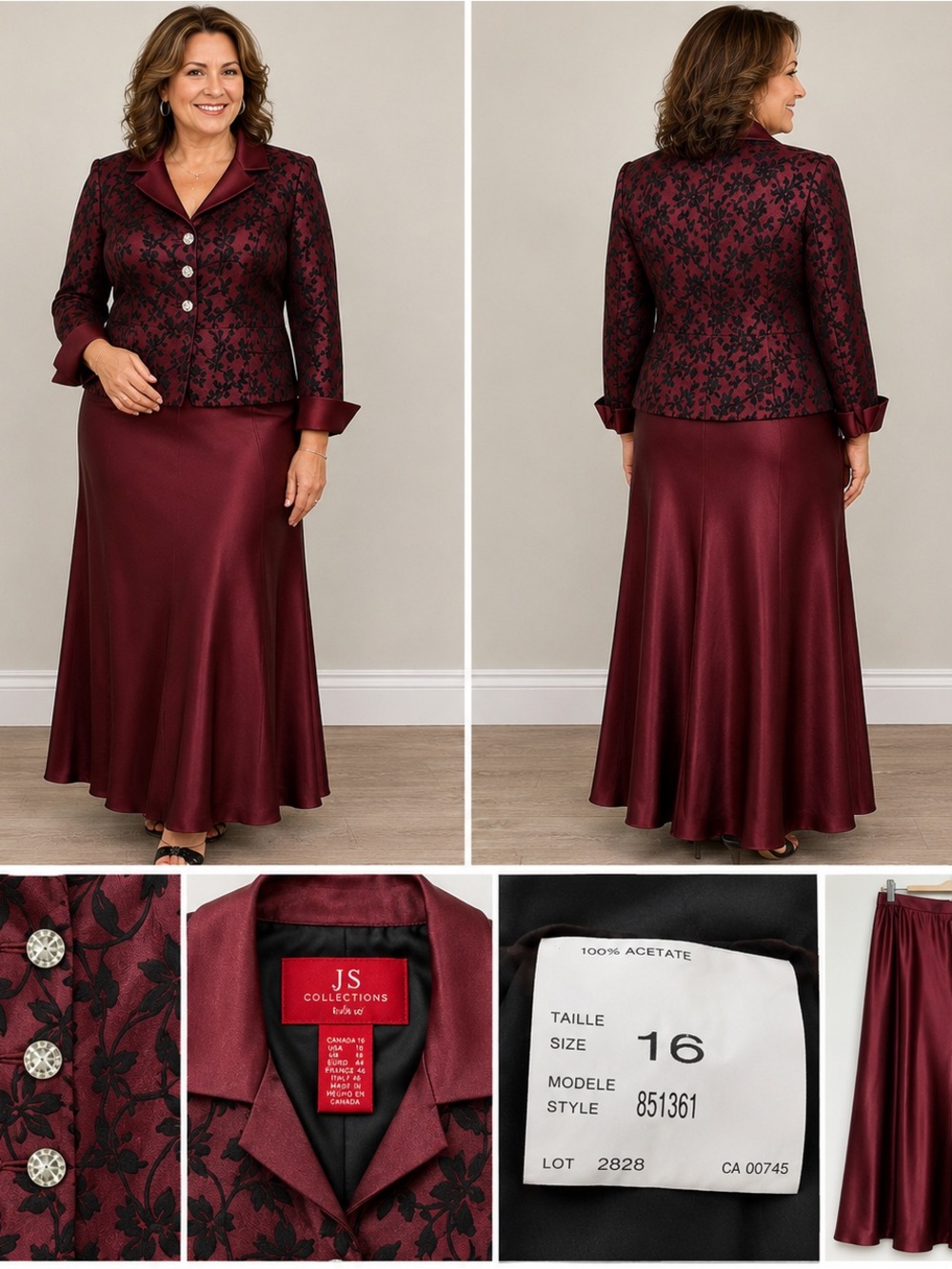 JS Collections Burgundy Satin Floral Jacquard Blazer